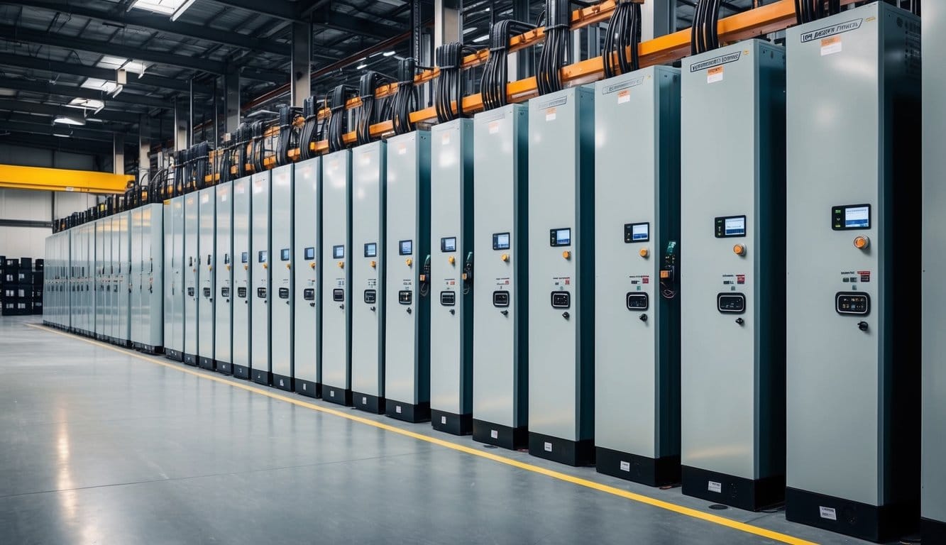 A large industrial warehouse with rows of neatly stacked commercial battery storage units, connected to a network of electrical cables and control panels