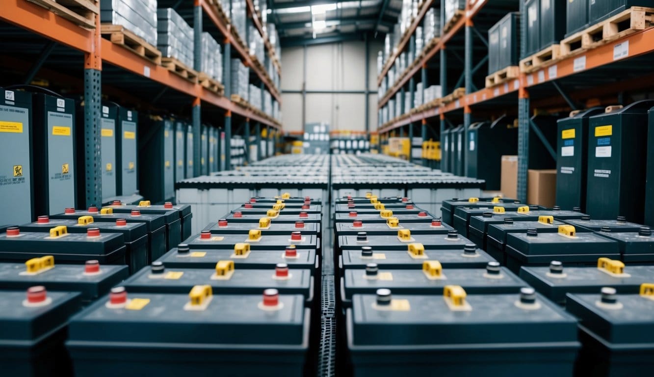 A warehouse filled with rows of various commercial battery storage technologies, including lithium-ion, lead-acid, and flow batteries, neatly organized on shelves and racks