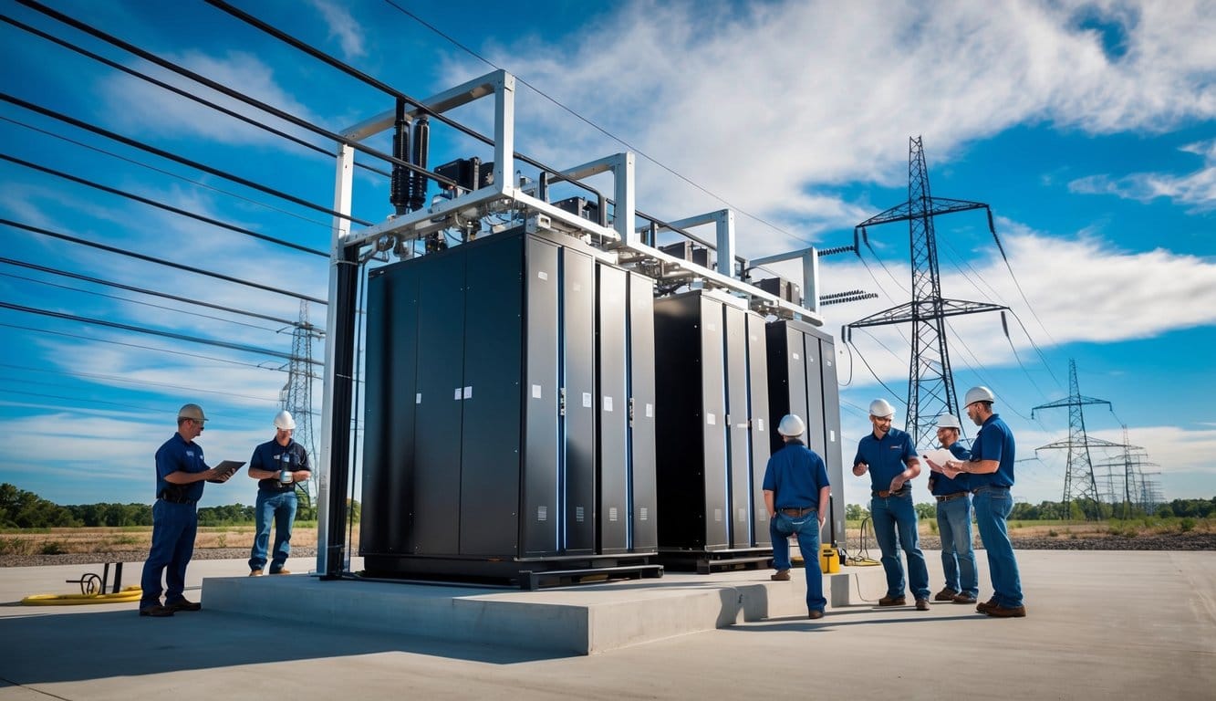 A large commercial battery storage system being installed and integrated into a power grid by a team of engineers and technicians