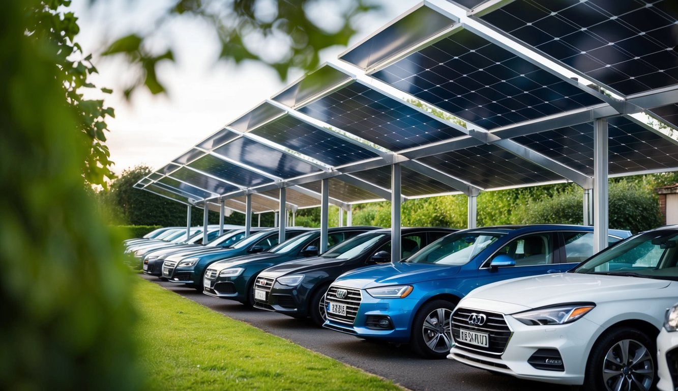 A row of solar carports with angled panels, surrounded by greenery and parked cars