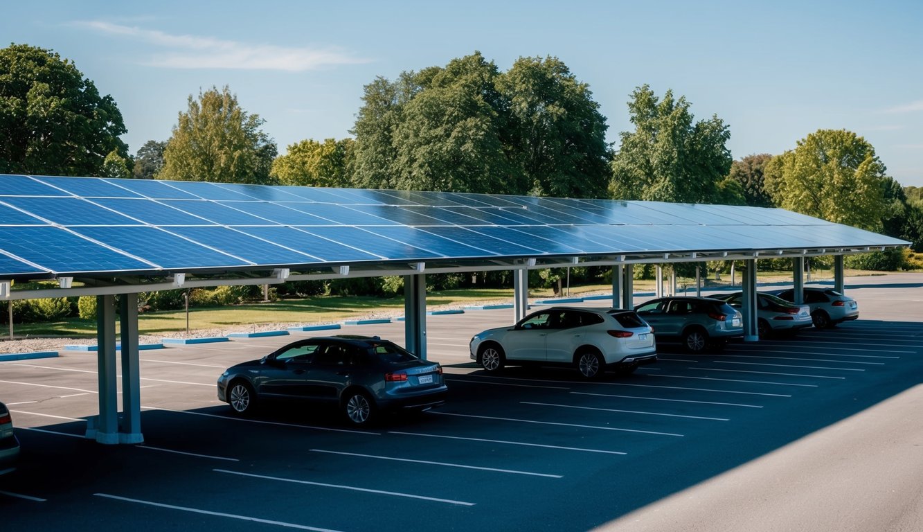 A row of solar carports with photovoltaic panels, surrounded by trees and parking spaces, under a clear blue sky