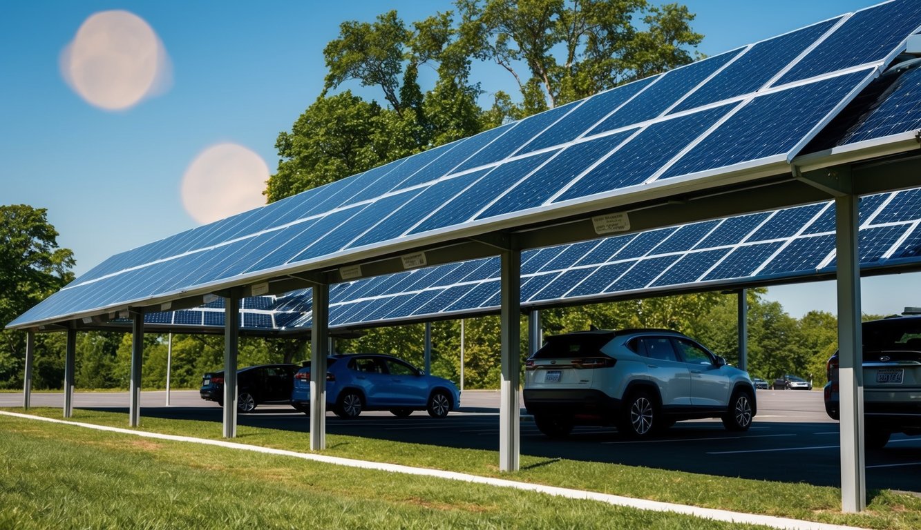 Solar panels mounted on carports in a parking lot, surrounded by trees and under a clear sky