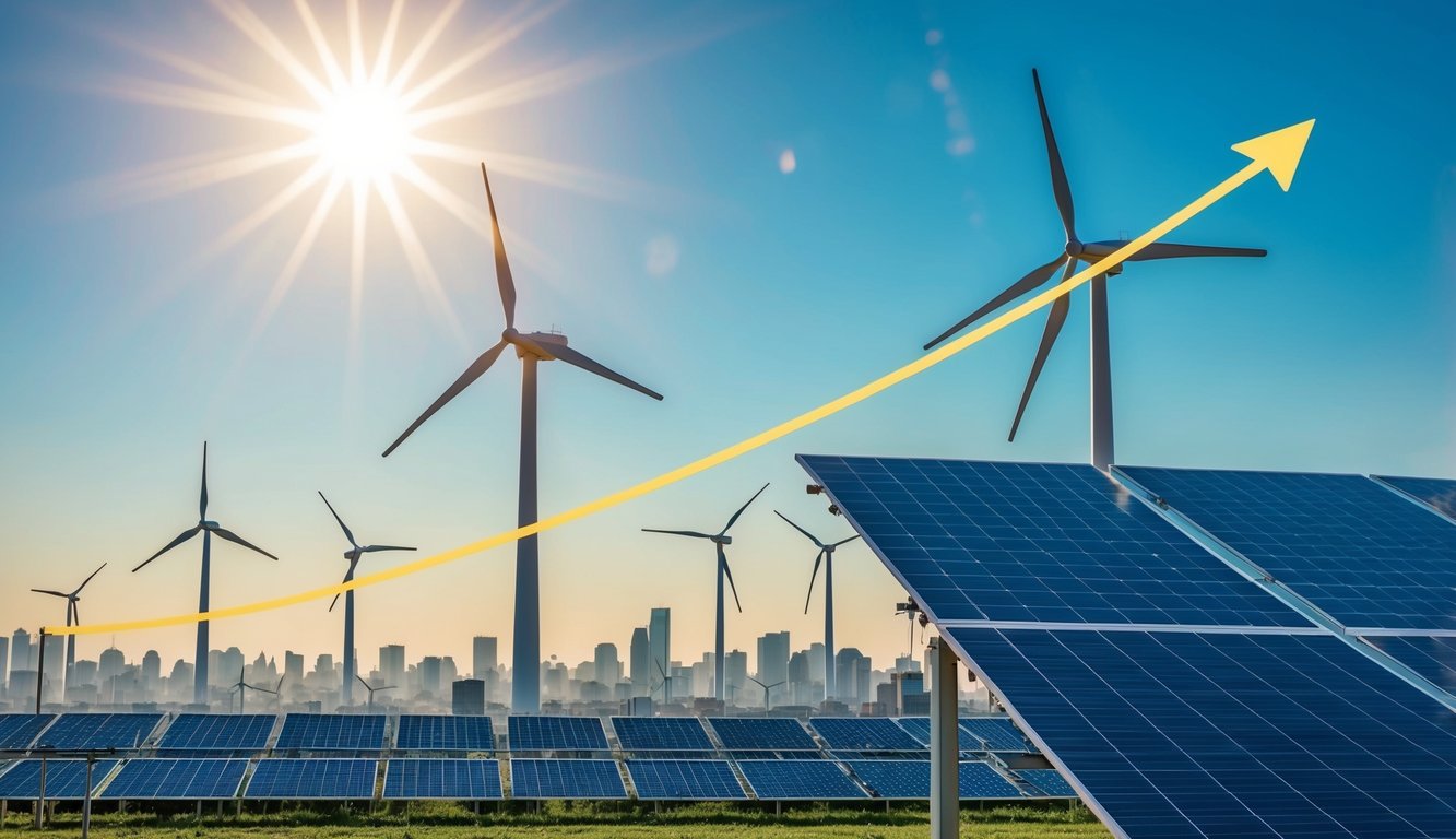 A bright sun shines over a city skyline with wind turbines and solar panels. A graph shows an upward trend in clean energy investment