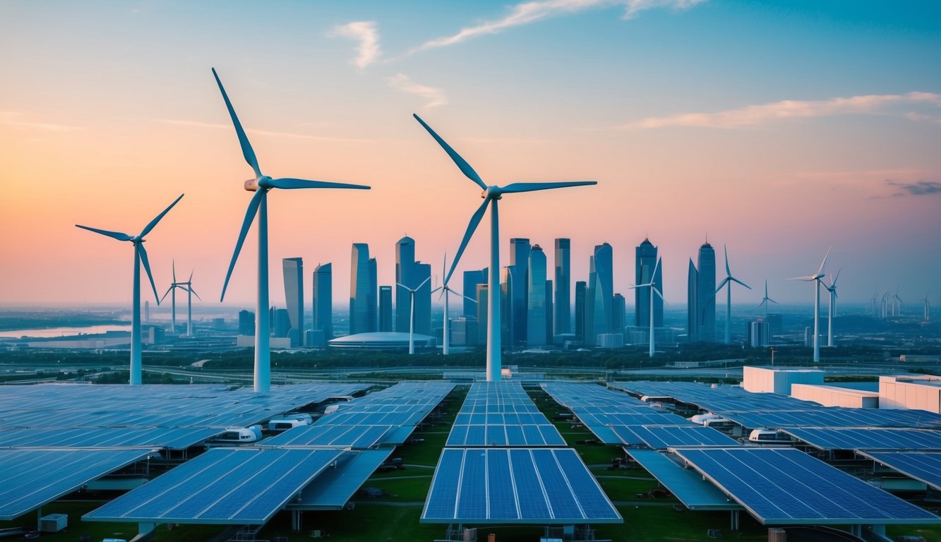 A futuristic city skyline with wind turbines, solar panels, and electric vehicles